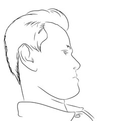 Draw a portrait sketch of a man's face from the side on a white background