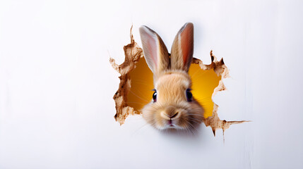 Bunny peeking out of a hole in white wall.