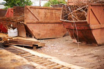 Recycle, scrap and rust on skip in junkyard for sorting, garbage and metal reuse at landfill site....
