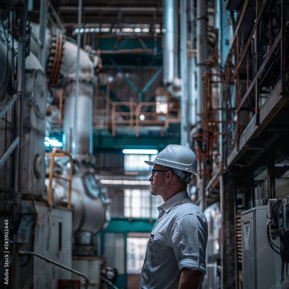 Poster worker with helmet and tools in uniform, standing confidently in an industrial setting