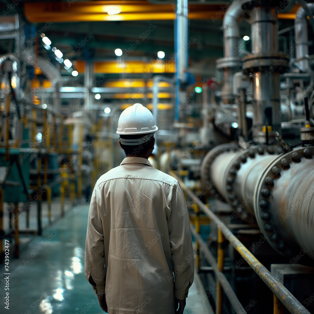 Poster worker with helmet and tools in uniform, standing confidently in an industrial setting