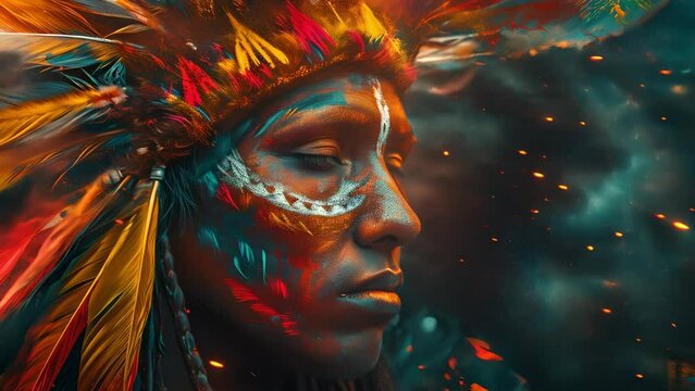 Indian shaman woman adorned with colorful feathers, who appears to be deeply inspired and engaged in an ayahuasca ceremony