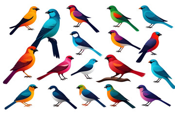 set of multi-colored cartoon birds on a white background, isolated
