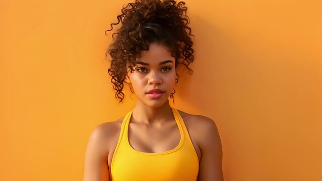 A captivating young woman of Latina descent, wearing a vibrant yellow tank top