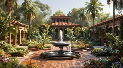 A tranquil garden oasis with winding pathways, blooming flowers, and the soothing sound of water trickling from a fountain - obrazy, fototapety, plakaty