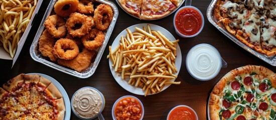 Assorted take-out food, including pizza, fries, onion rings, fried chicken, and chicken wings, on a large table.