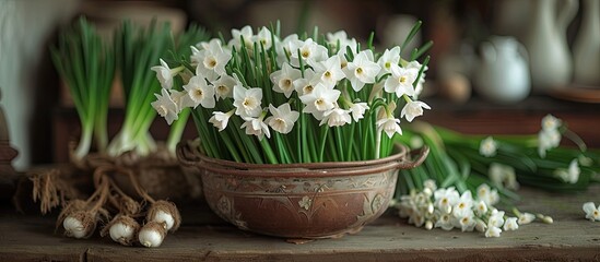 A bunch of white paperwhite narcissus bulbs forced in winter, arranged neatly in a vase.