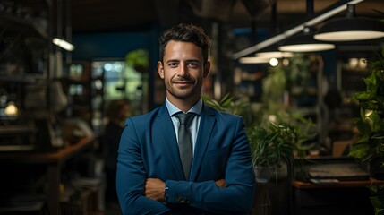 Fototapeta premium Elegant man wears a blue suit he is a director of some important company