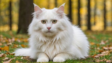 Naklejka na ściany i meble White norwegian forest cat in the park