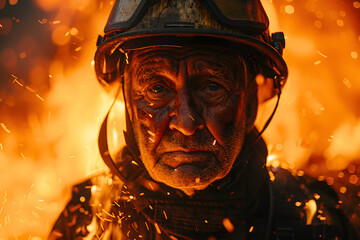 Firefighter in Helmet Facing Raging Fire