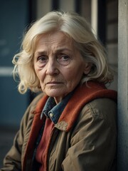 Lonely elderly blonde woman looking sad at the camera on a homeless shelter from Generative AI