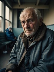 Lonely elderly caucasian man looking sad at the camera on a homeless shelter from Generative AI