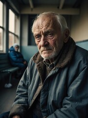Obraz premium Lonely elderly caucasian man looking sad at the camera on a homeless shelter from Generative AI