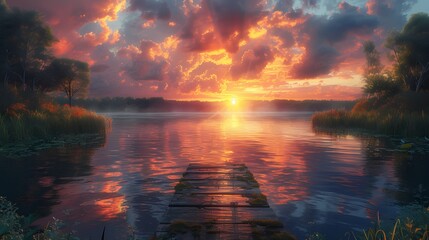 A tranquil lake surrounded by lush greenery, with a small wooden dock extending into the water and a colorful sunset painting the sky in shades of orange and pink