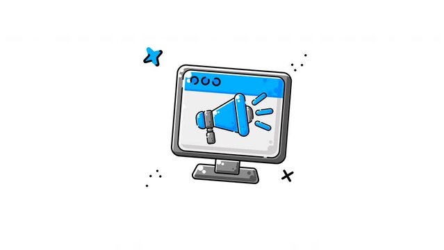 Cartoon computer monitor with blue megaphone suitable for technology websites, advertising promotions, social media campaigns, communication concepts, and digital presentations.
