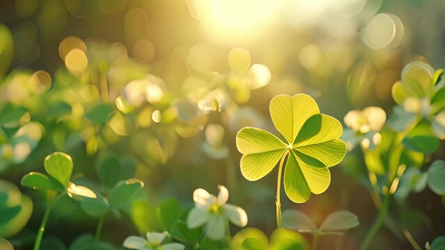 A field filled with vibrant green clovers is gently kissed by the sun, creating a serene and picturesque scene symbolizing luck and happiness.