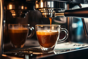 Generative AI photo of coffee cup on the wooden table in coffee shop