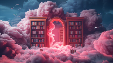 Bright and lively library scene with floating tiles and clouds in a studio setting