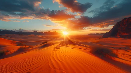 Schilderijen op glas A vast desert landscape stretching to the horizon, dotted with ancient ruins half-buried in the sand, under a sky ablaze with the colors of sunset © harta hun yar