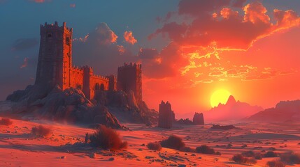 A vast desert landscape stretching to the horizon, dotted with ancient ruins half-buried in the sand, under a sky ablaze with the colors of sunset - obrazy, fototapety, plakaty