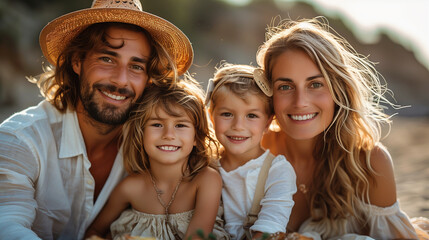 Family picnic in nature, genuine smiles, bright sunny backdrop.