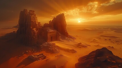 A vast desert landscape stretching to the horizon, dotted with ancient ruins half-buried in the sand, under a sky ablaze with the colors of sunset
