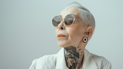 Elegant Senior Woman with Neck Tattoo.  A sophisticated elderly woman, with intricate neck tattoos gazes upward, trendy look