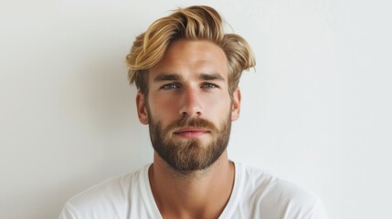 Obraz premium A close-up portrait of a man with a styled beard and a warm, engaging smile, his blue eyes sparkling with charisma against a minimalist backdrop
