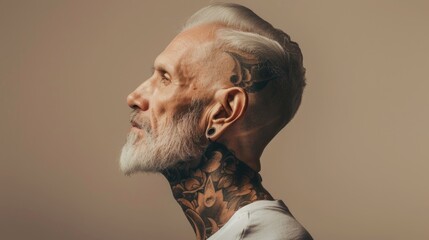 portrait of a seriously senior woman with tattoos, old male model, aging model, well groomed senior man - obrazy, fototapety, plakaty