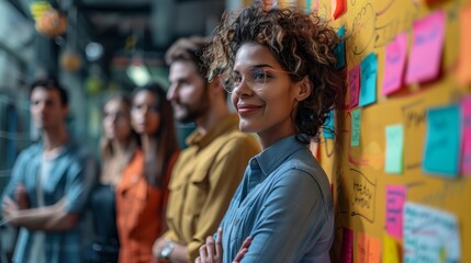 Dynamic team collaborates using sticky notes on a glass wall, engaged in a creative brainstorming session.
