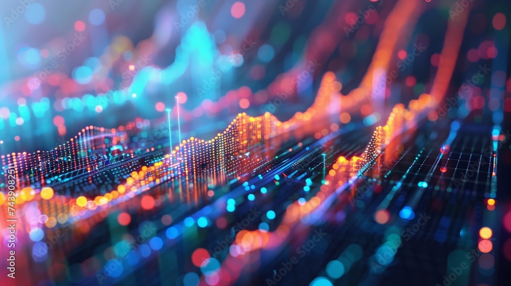 Poster digital landscape of vibrant 3d data analysis visualization with peaks and valleys representing info