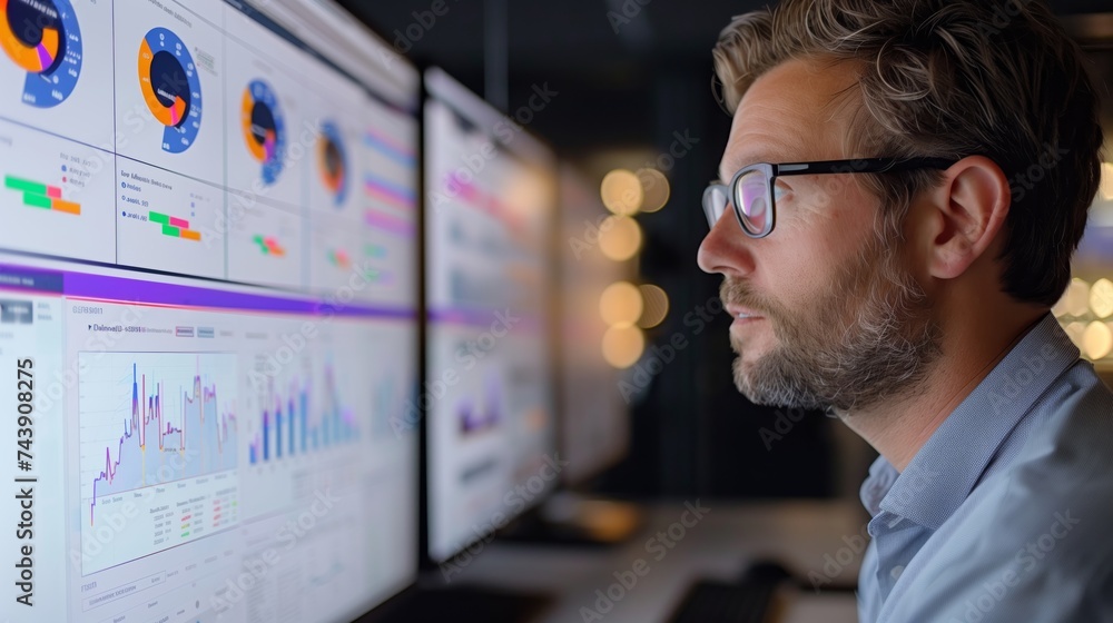 Poster focused professional examining complex data across multiple computer monitors in a modern office set