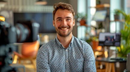 A happy young man is being recorded giving a positive video testimonial in a well-lit office environment.