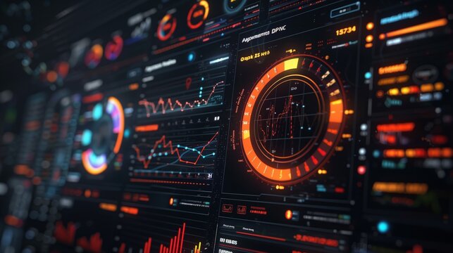 Close-up of a high-tech futuristic interface with glowing elements and complex data analytics visualizations.