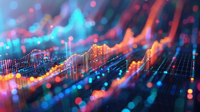 Digital landscape of vibrant 3D data analysis visualization with peaks and valleys representing information flow.