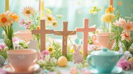 Festive Easter table with floral resurrection garden centerpiece and themed decor. - obrazy, fototapety, plakaty