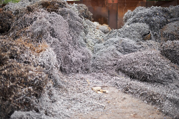 Construction, recycling and metal debris at junkyard for industrial, maintenance and garbage disposal. Manufacturing, environment and steel waste in scrapyard with rubble, dirt and trash in landfill