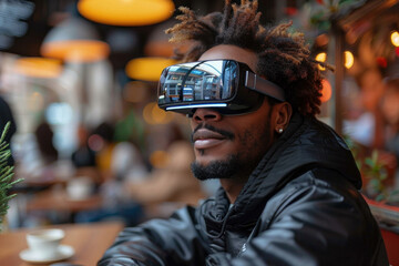 African man in 3D virtual glasses sitting at table in cafe