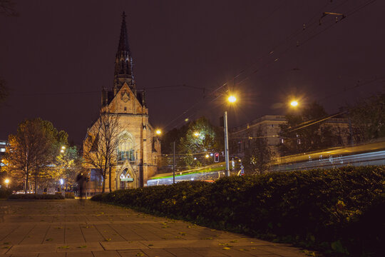 View of the famous The Church of Jan Amos Comenius(Red Church) in the city of Brno. At night. Czech Republic