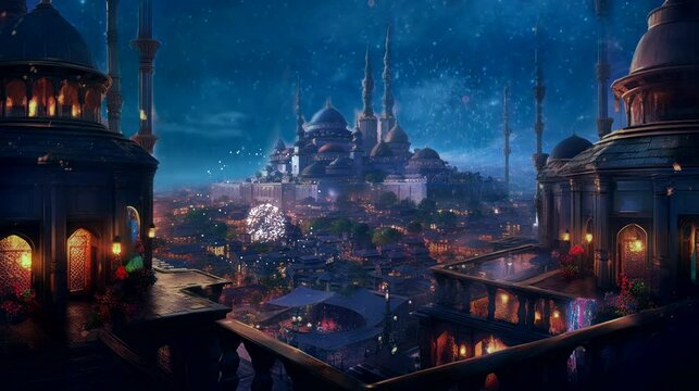 background mil y una noches, words "Ramadan kareem". seamless looping time-lapse virtual 4k video animation background	