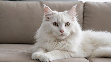 White norwegian forest cat lying on sofa at home