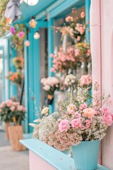 A quaint flower shop window overflows with lush, beautifully arranged bouquets of roses, inviting passersby to admire the natural beauty and fragrance..