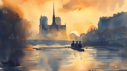 Three silhouetted people rowing on calm waters with the Notre-Dame Cathedral in the background during a scenic Paris sunset, ideal for travel-themed designs and backgrounds - obrazy, fototapety, plakaty