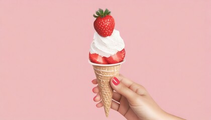 female Hand holding with strawberry ice cream cone pink background summer concept minimal