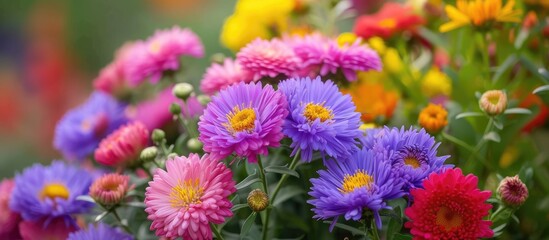 A bunch of vibrant Aster Laevis Les Moutiers flowers are in full bloom, beautifully arranged in a vase.