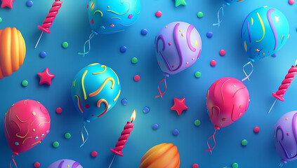 colorful candles and balloons on a blue background in