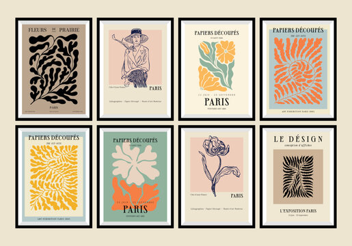 Matisse abstract flower art set. Woman silhouettes. Organic doodle shapes in trendy naive retro style. Contemporary posters and backgrounds.