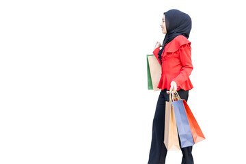 happy muslim arab lady happy enjoy shop in shopping walking street hand holding many paper shopping...