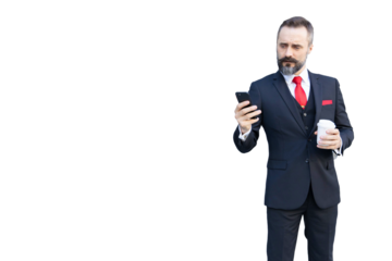 portrait business or lawyer beard style male standing confident in gentle man suit isolated on clear png background