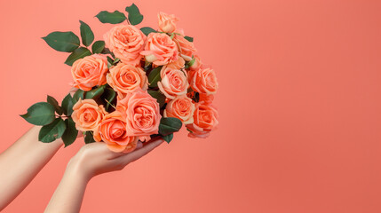 Hands gently holding a bouquet of peach-colored roses on a pink background with copy space, ideal for Mother's Day or Valentine's Day promotions